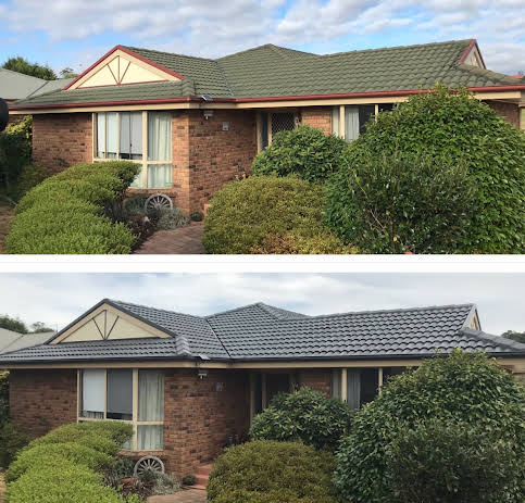 Before and after of the same Canberra home: faded green tile roof above, charcoal painted roof below